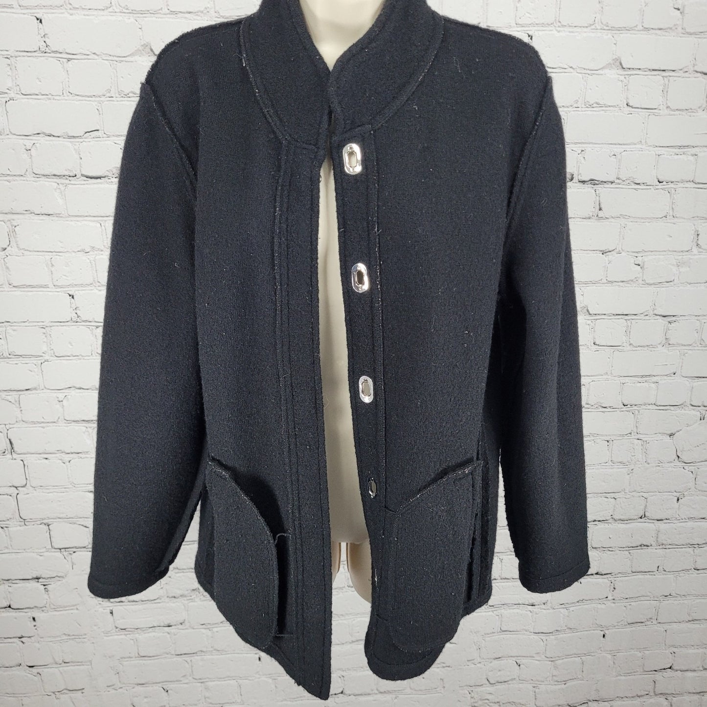 VTG Talbots Black 100% Wool Unlined Jacket Toggle Cardigan Petites Size Medium M