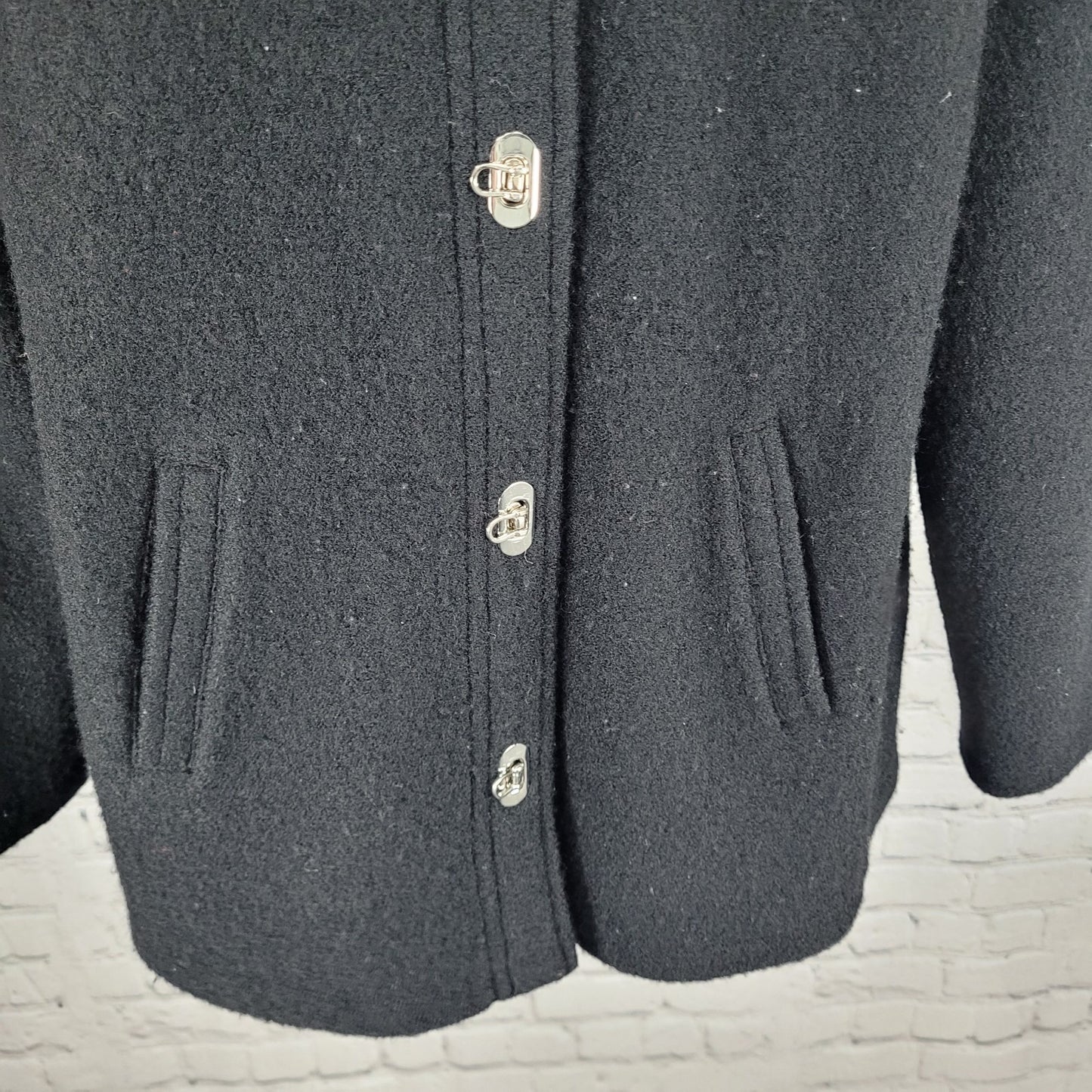 VTG Talbots Black 100% Wool Unlined Jacket Toggle Cardigan Petites Size Medium M