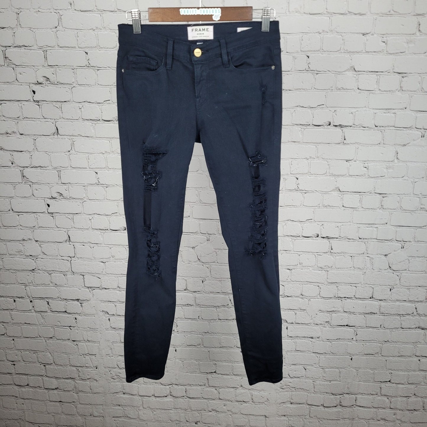 Frame Denim Dark Blue Le Skinny De Jeanne Distressed Mid Rise USA 26 (26x29)