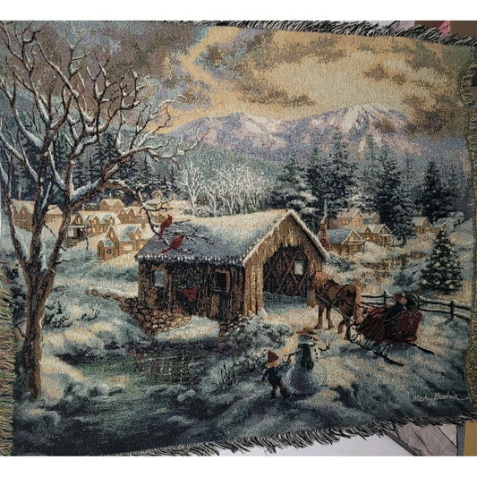 Nicky Boehme Covered Bridge Christmas Winter Woven Tapestry Throw Blanket 58x48"