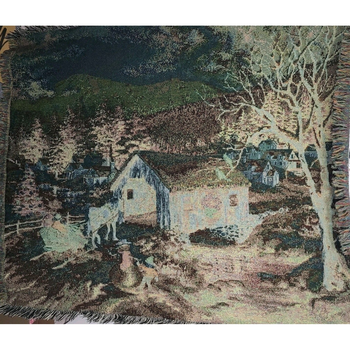 Nicky Boehme Covered Bridge Christmas Winter Woven Tapestry Throw Blanket 58x48"