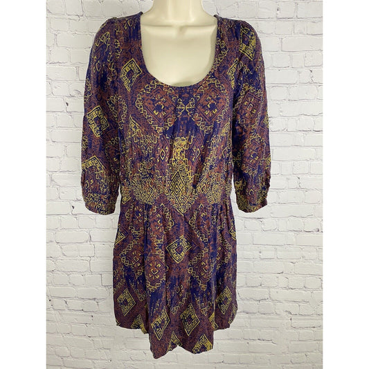 Ecote Urban Outfitters Blue Aztec Print Blouson Back Zip Knee Length Dress S