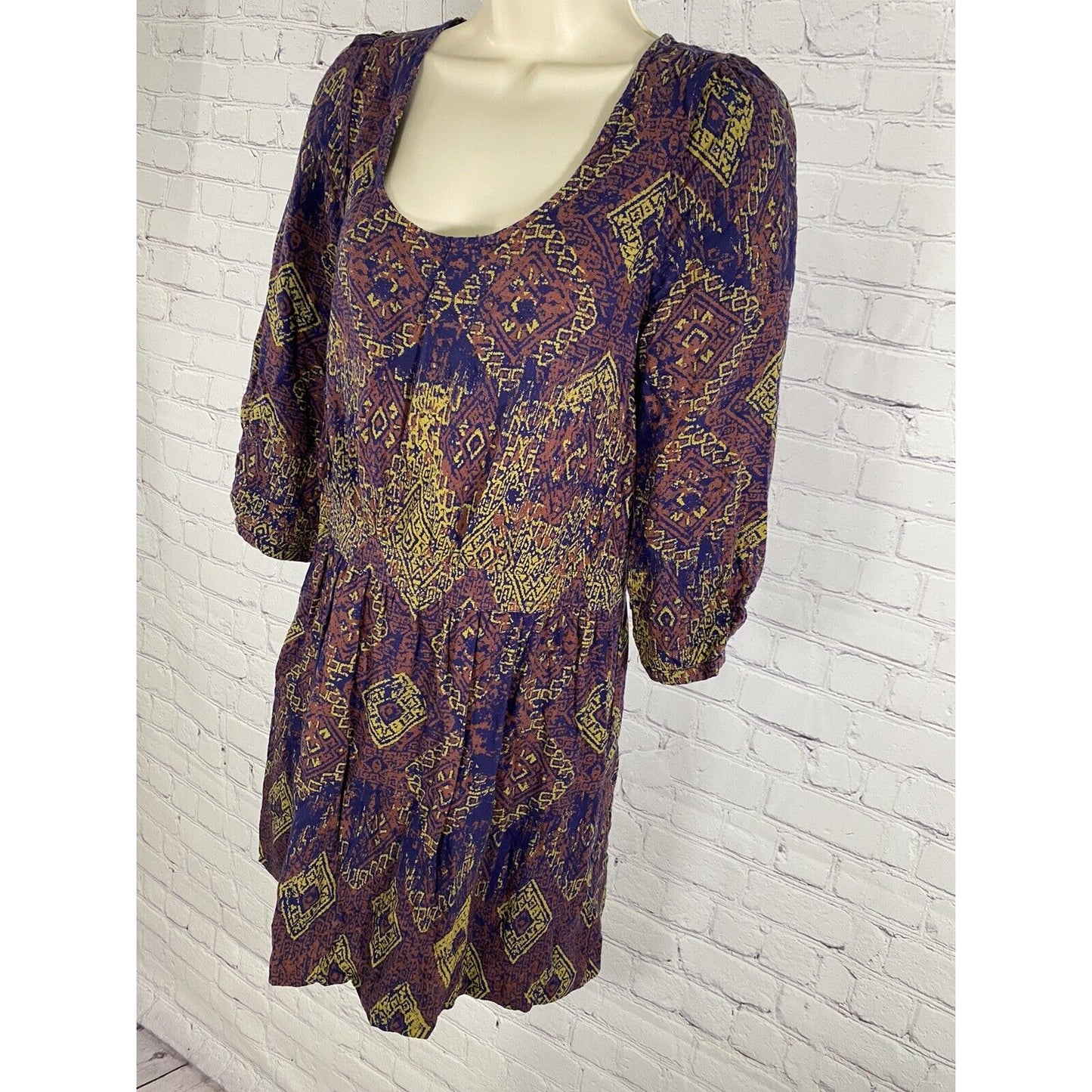 Ecote Urban Outfitters Blue Aztec Print Blouson Back Zip Knee Length Dress S