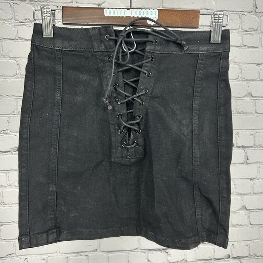 Bdg Urban Outfitters Black Cotton Blend Front Lace Up Pleated Mini Skirt Size XS