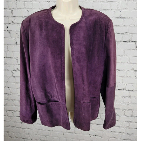 VTG Talbots Purple Genuine Suede Open Collarless Lined Jacket USA Made Size XL