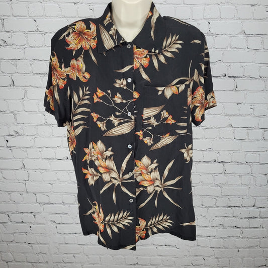 Norton McNaughton Black 100% Silk Tropical Floral Button Up Shirt Size Medium M