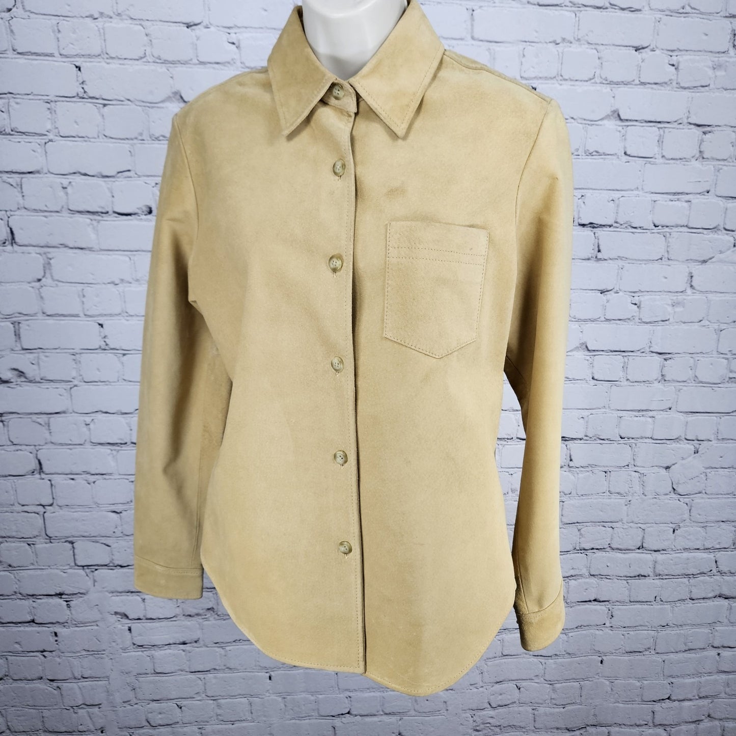 LL Bean Yellow Genuine Leather Suede Buttoned Unlined Shacket Shirt Jacket L