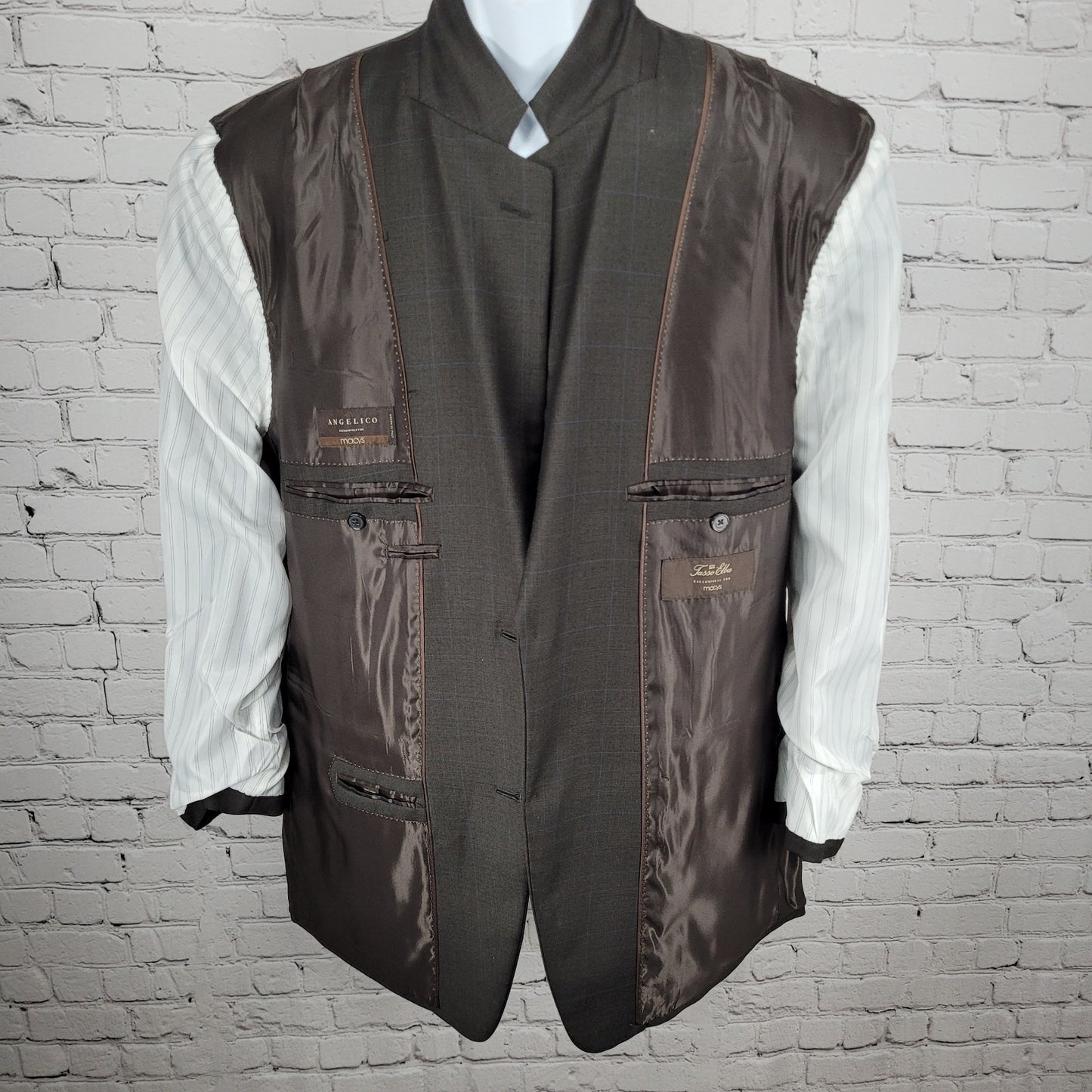 Tasso Elba Brown 100% Wool Angelico Full Suit Set Jacket 46R Pants 40R 40x28