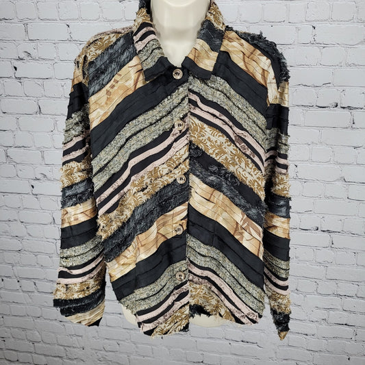 Keren Hart Multicolor Fringe Striped Button Up Long Sleeve Top Shirt Size XL