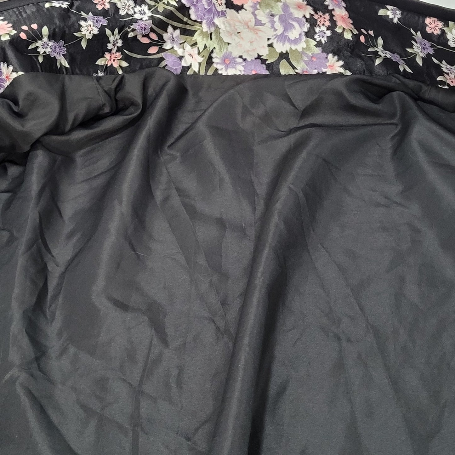 Black Floral Silky Lace Trim Long Sleeve Kimono Style Open Jacket Size Medium M