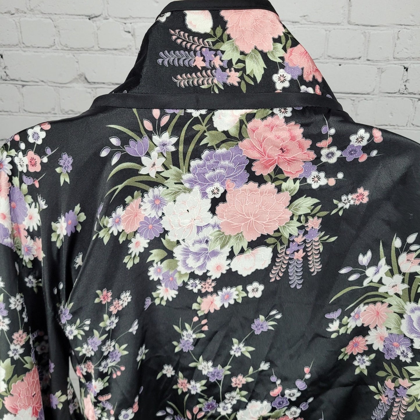 Black Floral Silky Lace Trim Long Sleeve Kimono Style Open Jacket Size Medium M