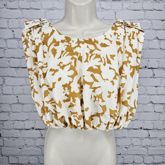 Acler Landon Ivory Yellow Linen Blend Cotton Lined Gold Accent Crop Top US 8