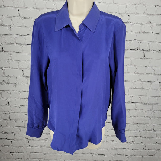 Rory Beca Blue 100% Silk Open Back Snap Closure Long Sleeve Top USA Small S