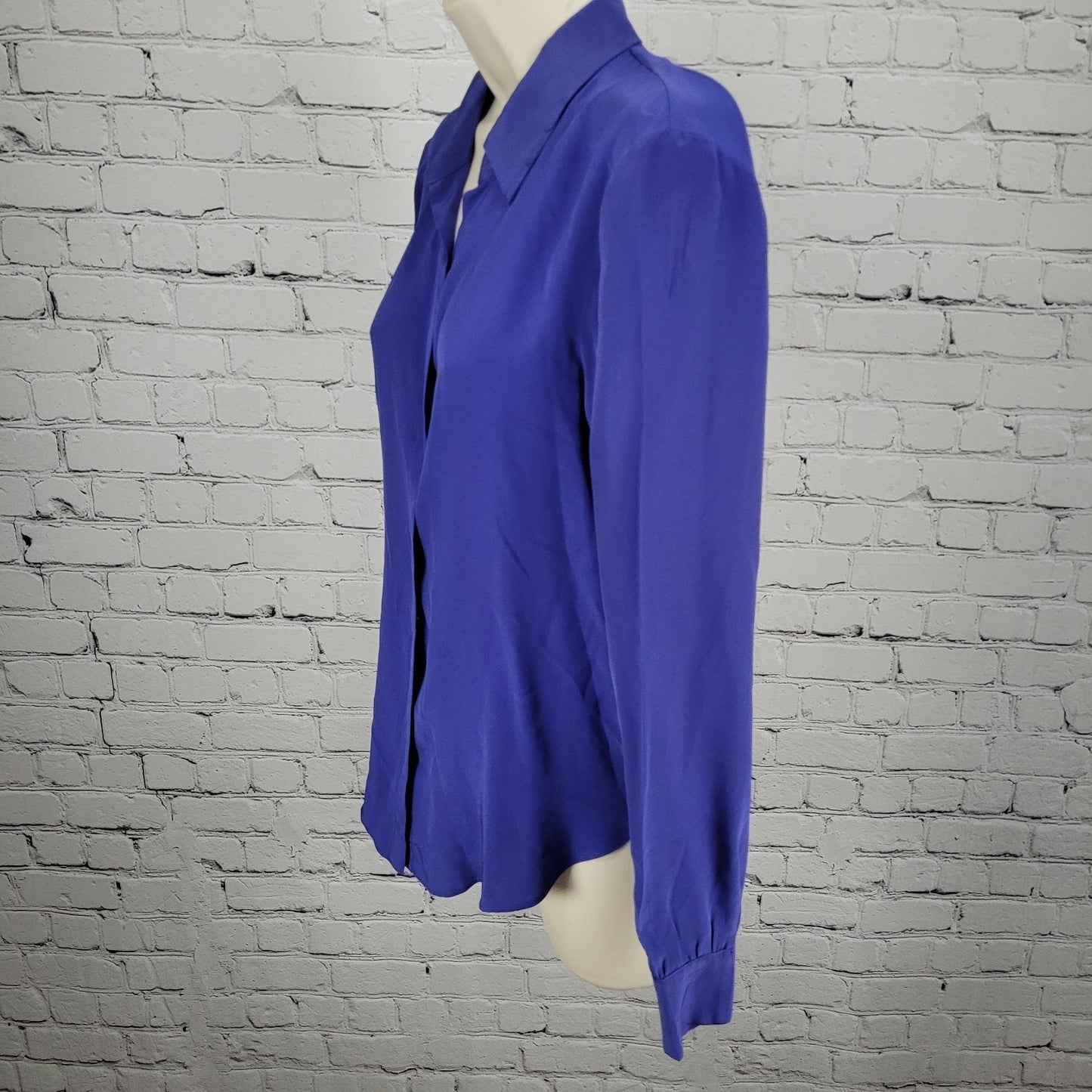 Rory Beca Blue 100% Silk Open Back Snap Closure Long Sleeve Top USA Small S