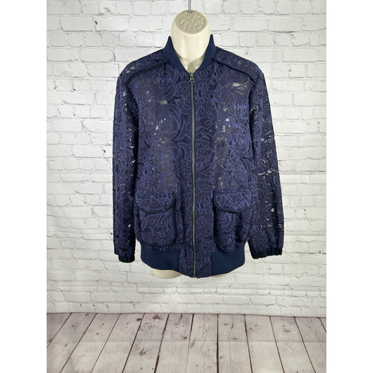 Elevenses Blue Miranda Bomber Floral Lace Semi Sheer Full Zip Jacket Women’s XS