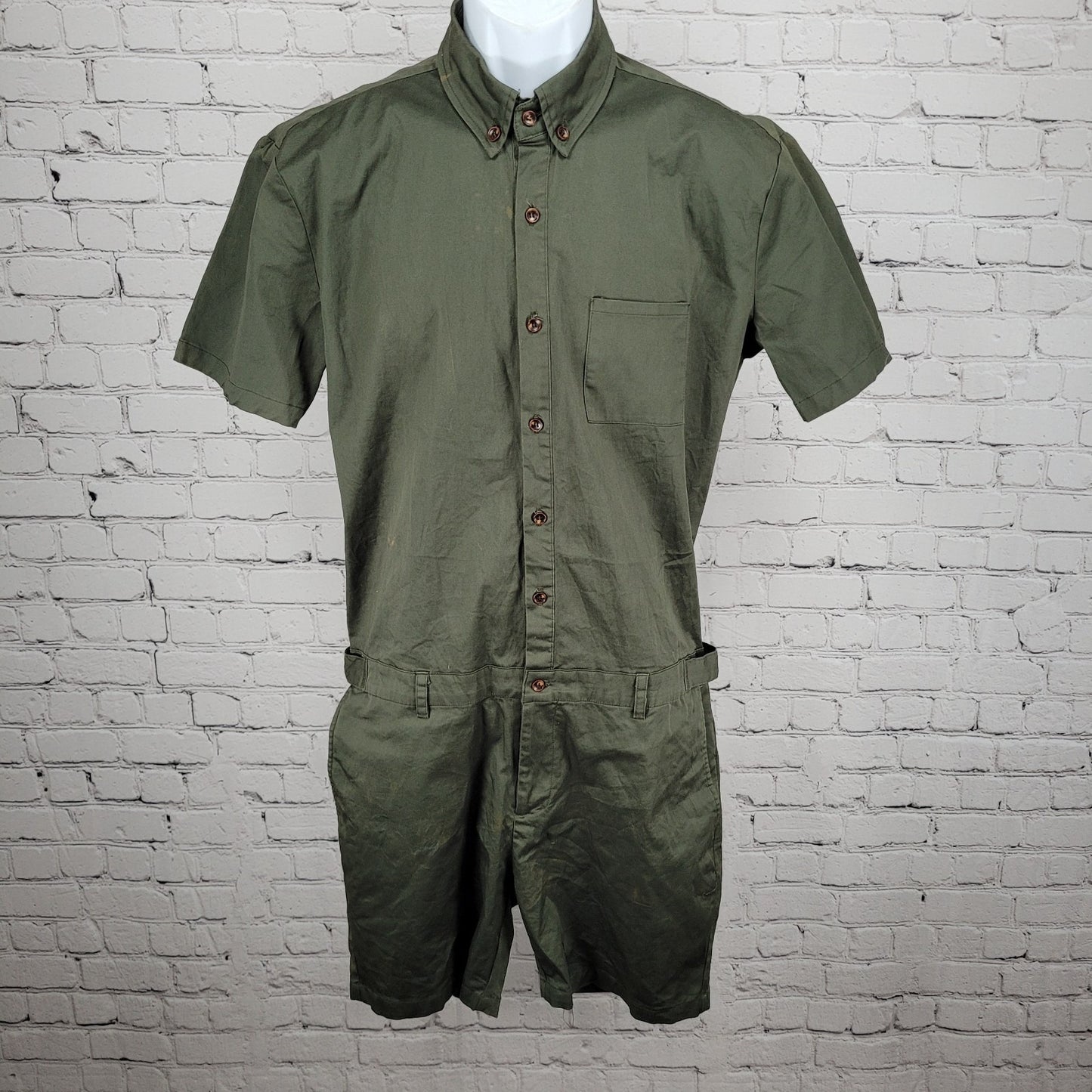 NWD Romperjack Green Short Sleeve Button Up Collared Shirt Romper Large L