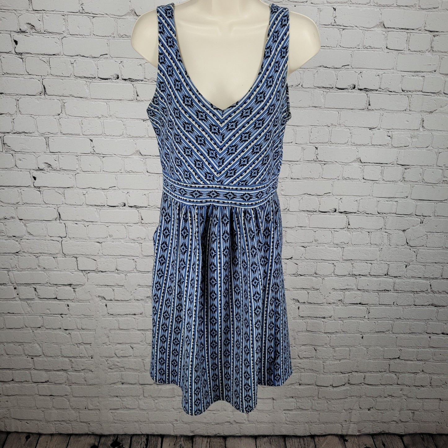 Maeve Anthropologie Blue Geometric Sleeveless Stretch Fit & Flare Dress Size 8