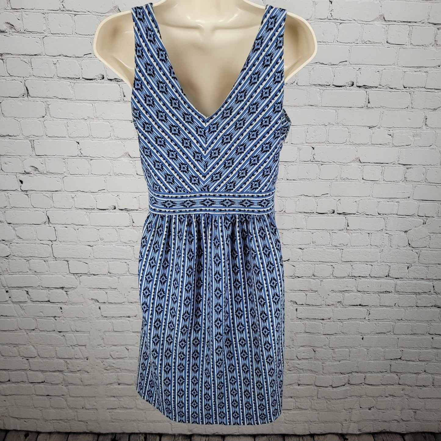 Maeve Anthropologie Blue Geometric Sleeveless Stretch Fit & Flare Dress Size 8