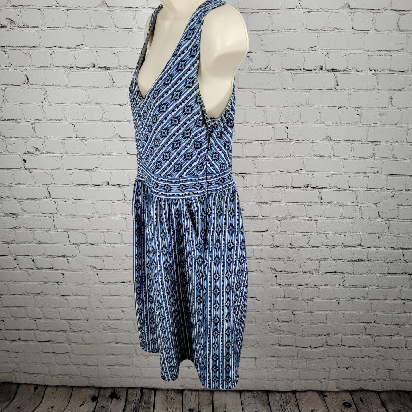 Maeve Anthropologie Blue Geometric Sleeveless Stretch Fit & Flare Dress Size 8