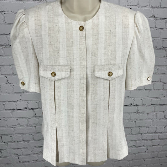 VTG Leslie Fay Petite Beige Flax Blend Button Up Puff Sleeve Blouse USA Made 14P