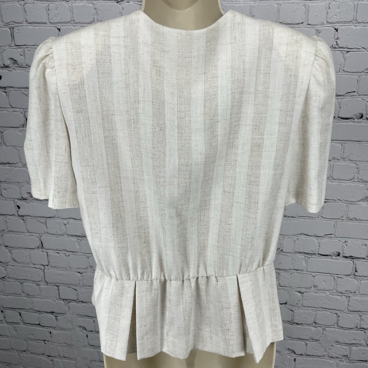 VTG Leslie Fay Petite Beige Flax Blend Button Up Puff Sleeve Blouse USA Made 14P