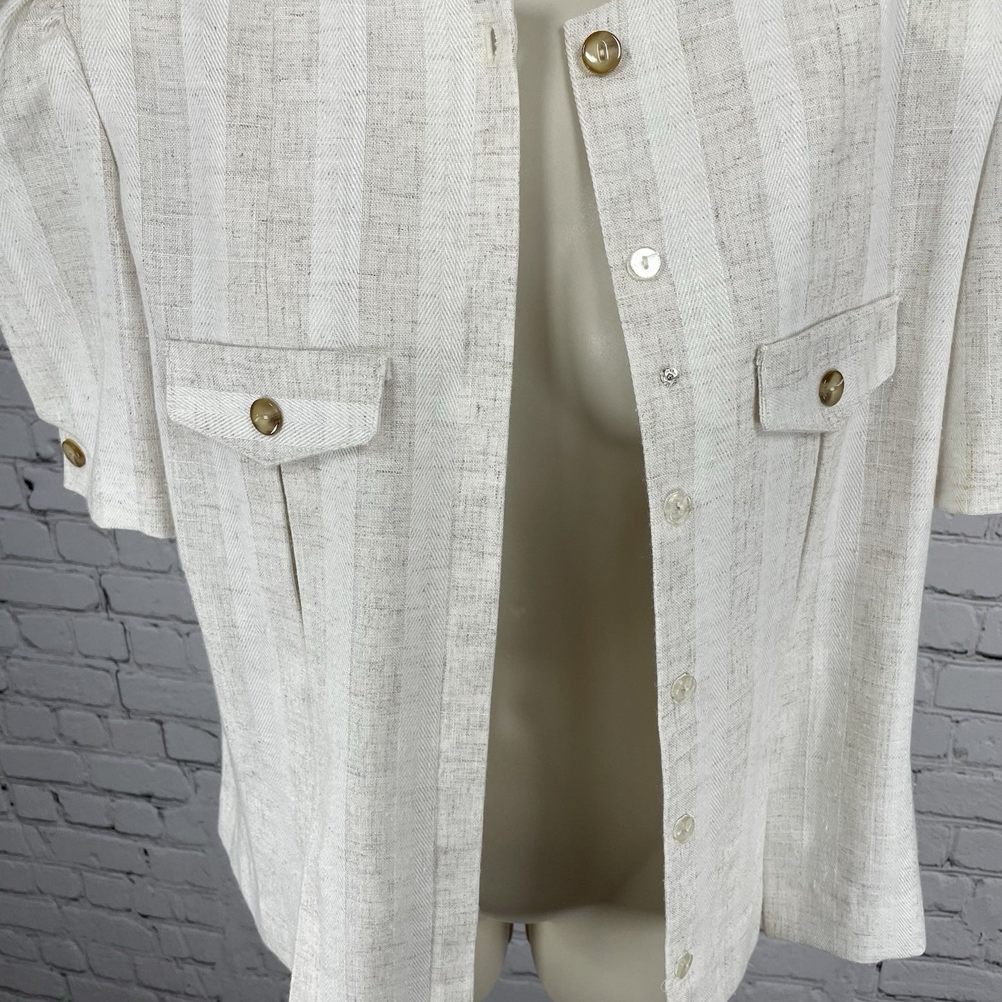 VTG Leslie Fay Petite Beige Flax Blend Button Up Puff Sleeve Blouse USA Made 14P