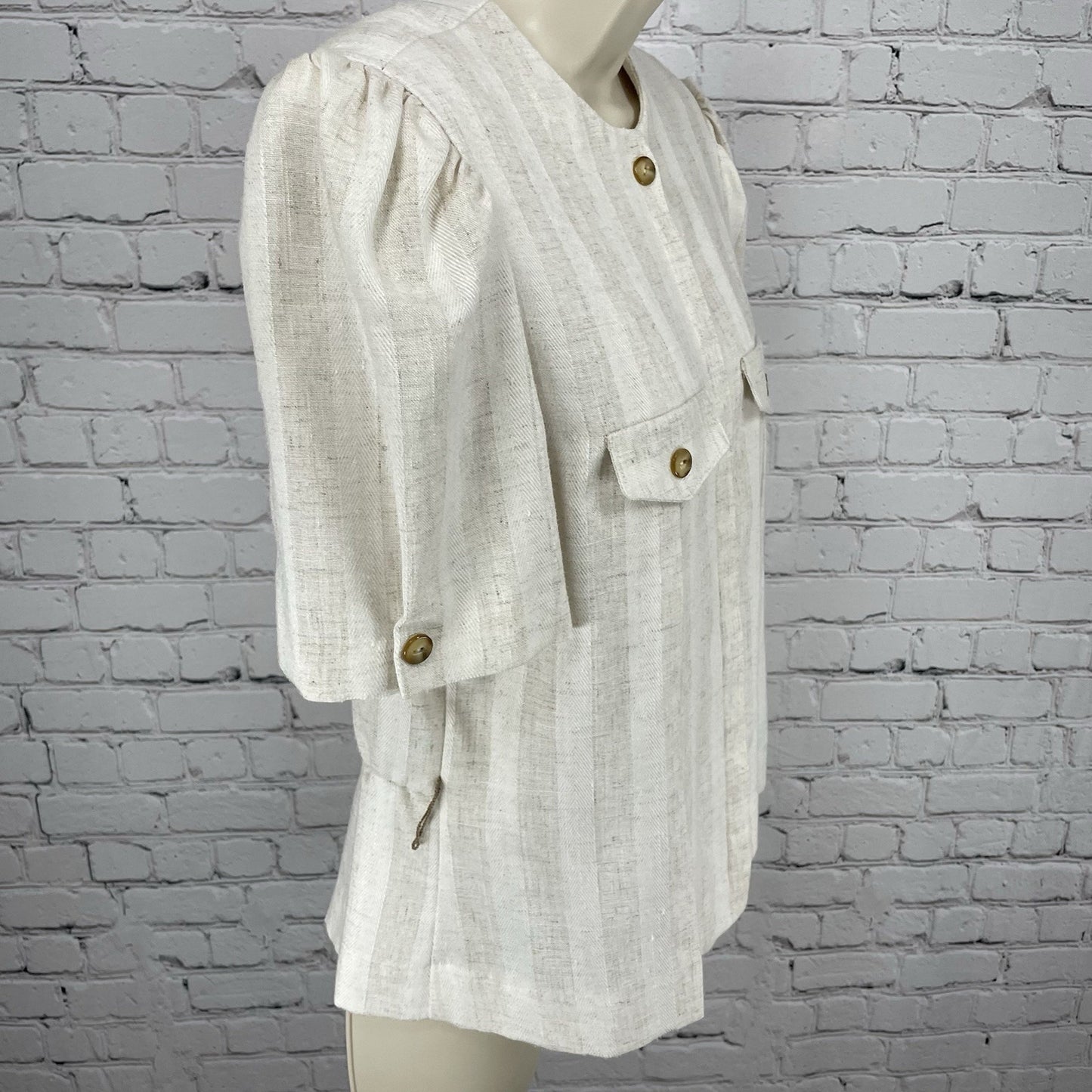 VTG Leslie Fay Petite Beige Flax Blend Button Up Puff Sleeve Blouse USA Made 14P