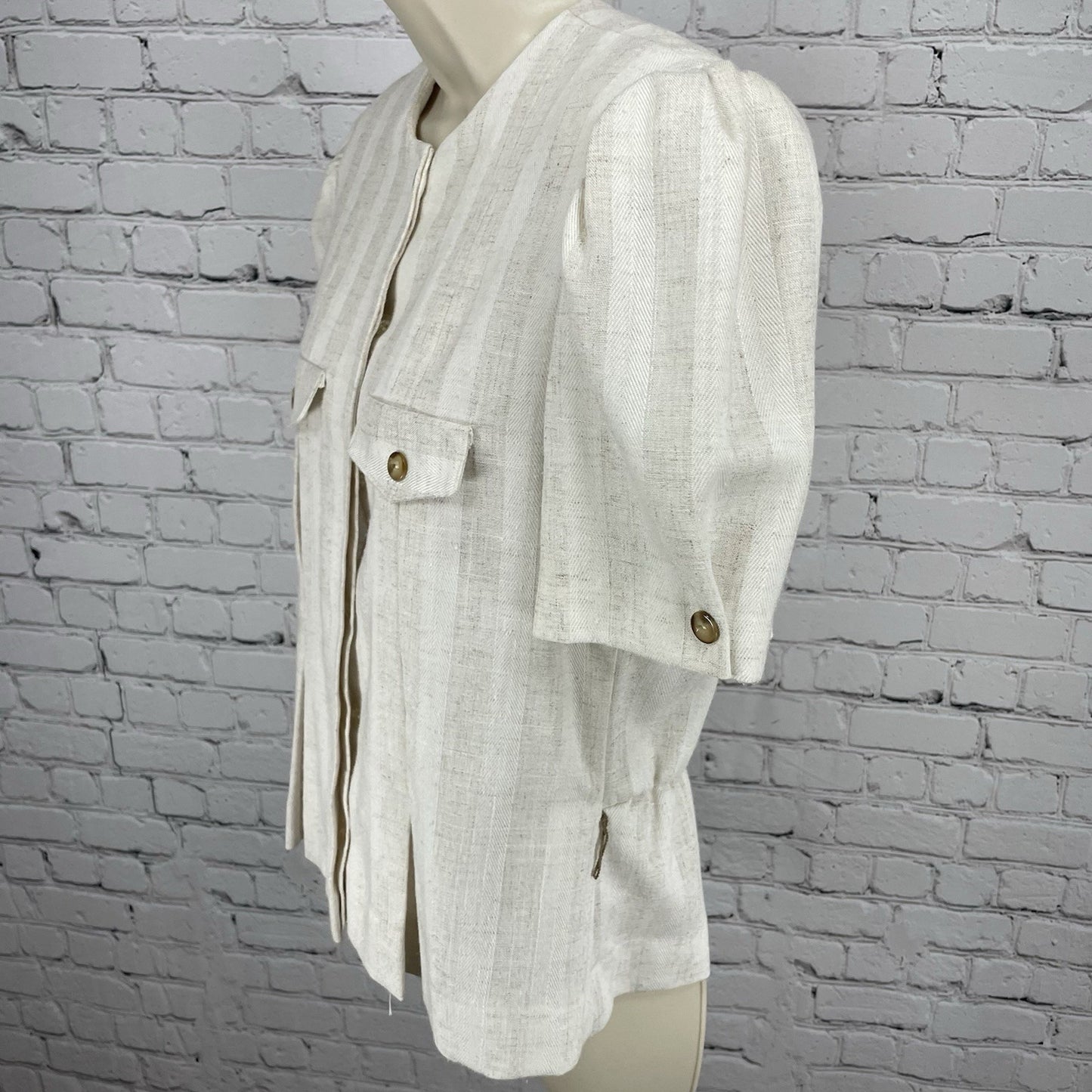 VTG Leslie Fay Petite Beige Flax Blend Button Up Puff Sleeve Blouse USA Made 14P