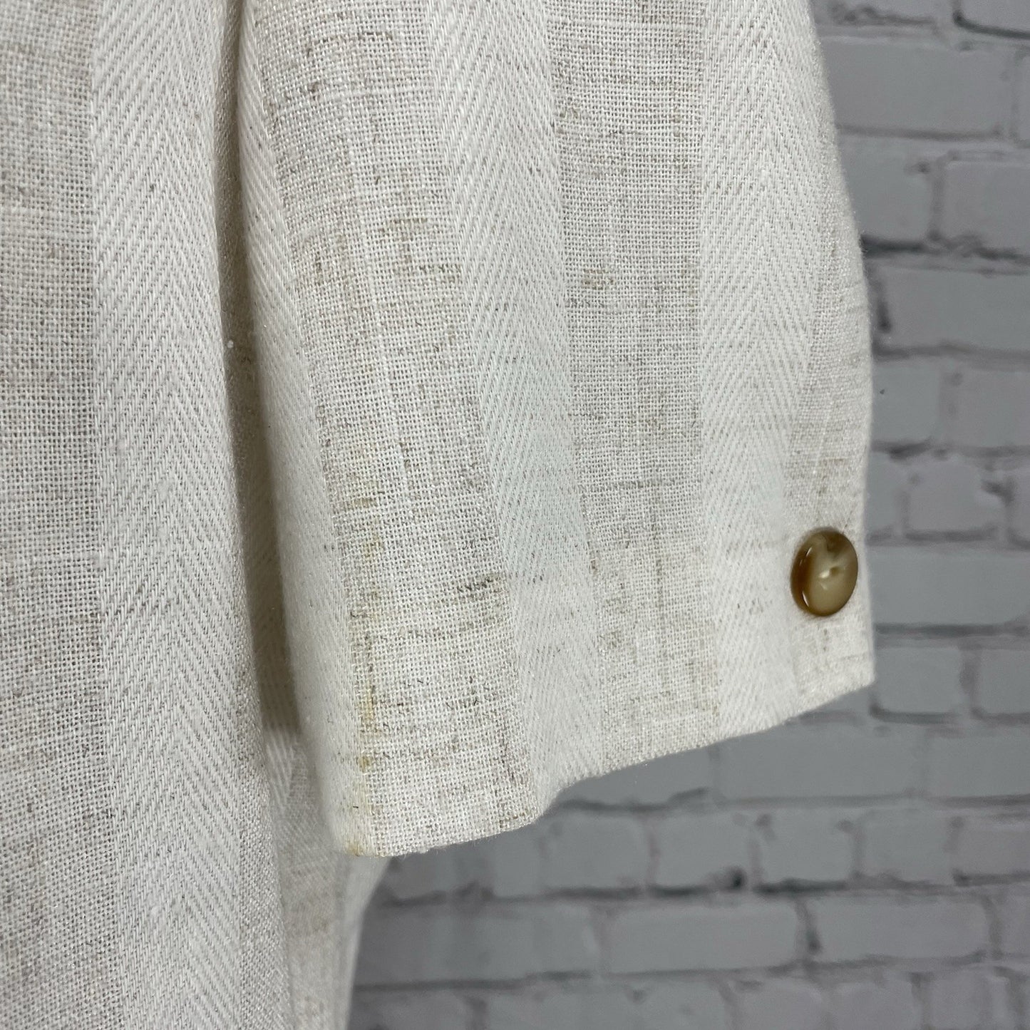 VTG Leslie Fay Petite Beige Flax Blend Button Up Puff Sleeve Blouse USA Made 14P