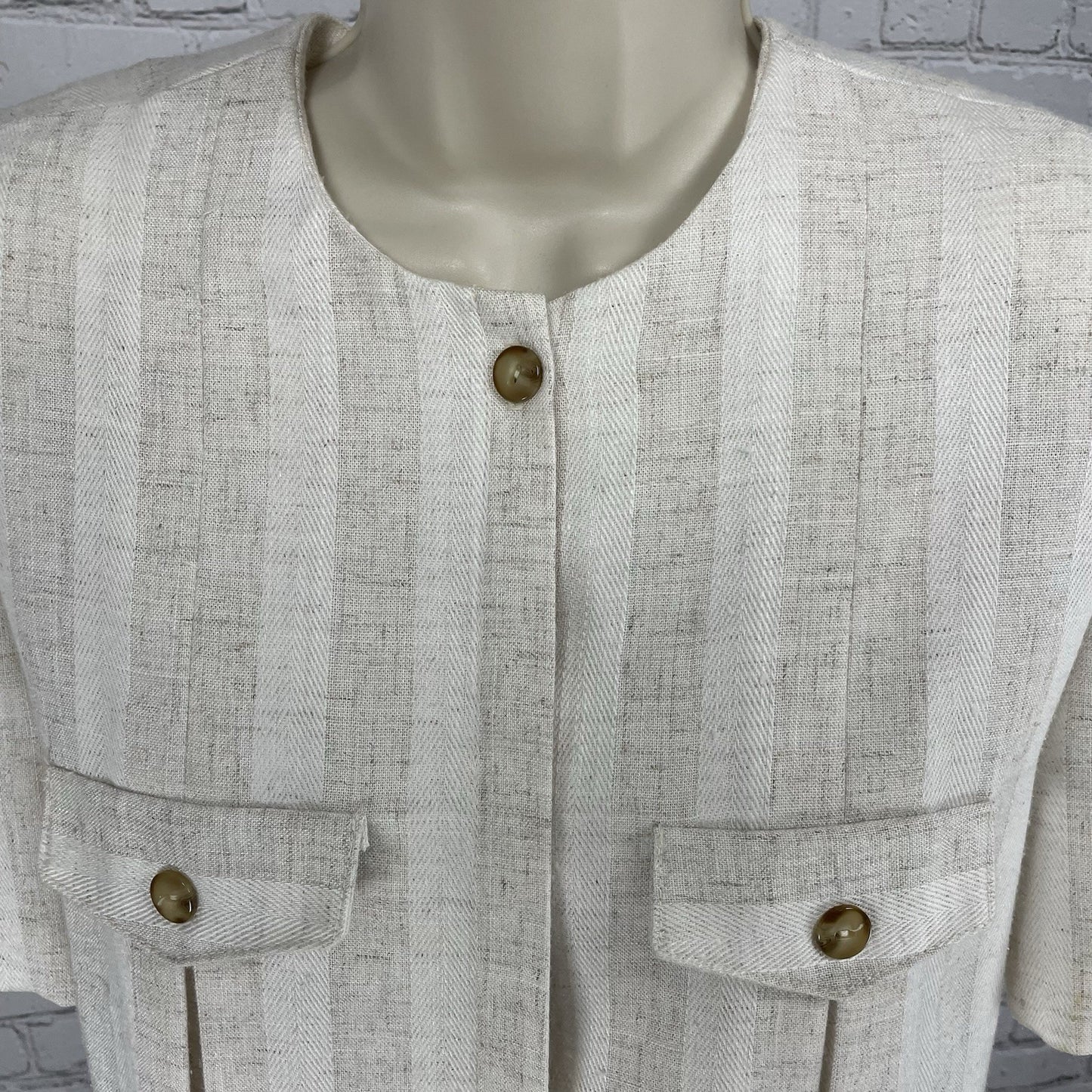 VTG Leslie Fay Petite Beige Flax Blend Button Up Puff Sleeve Blouse USA Made 14P