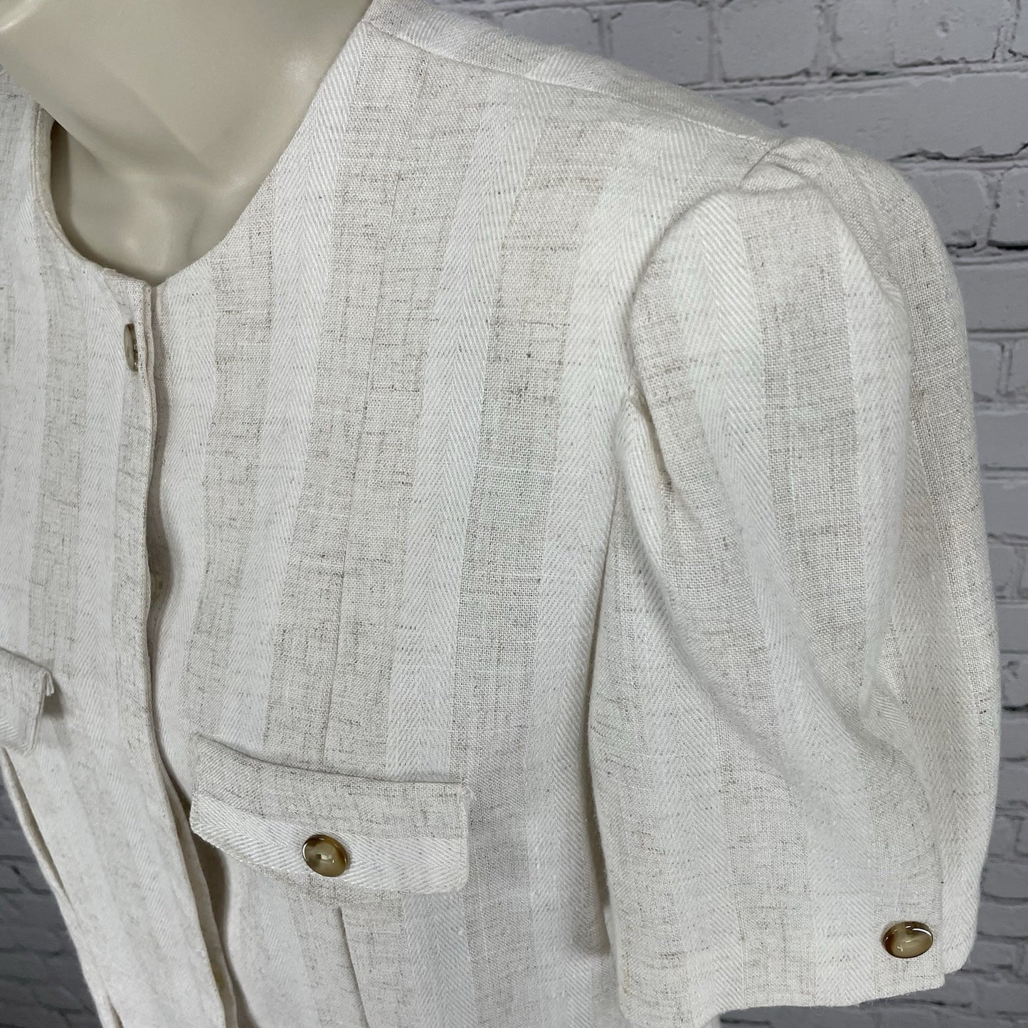VTG Leslie Fay Petite Beige Flax Blend Button Up Puff Sleeve Blouse USA Made 14P