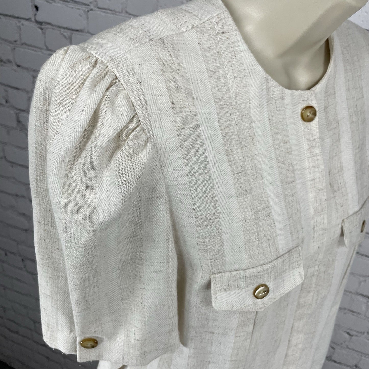VTG Leslie Fay Petite Beige Flax Blend Button Up Puff Sleeve Blouse USA Made 14P