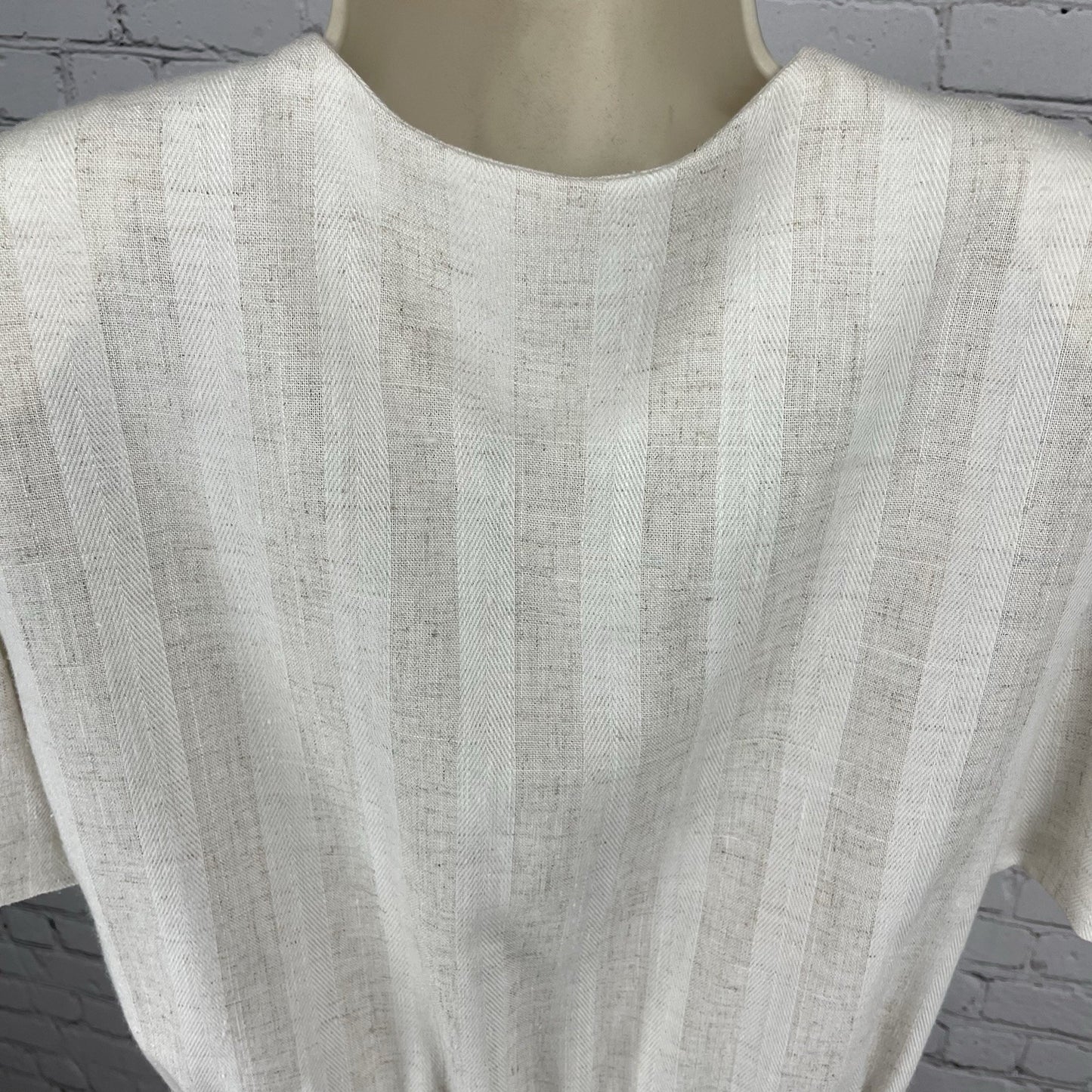VTG Leslie Fay Petite Beige Flax Blend Button Up Puff Sleeve Blouse USA Made 14P