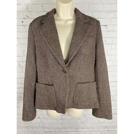 Nautica Wool Blend Herringbone Brown Single Button Blazer Jacket Womens 10
