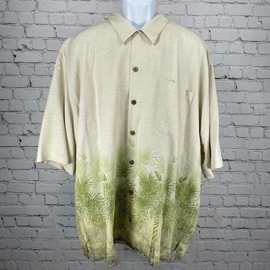 Pusser’s Beige 100% Silk Hawaiian Palm Tree Button Up Short Sleeve Shirt Size XL