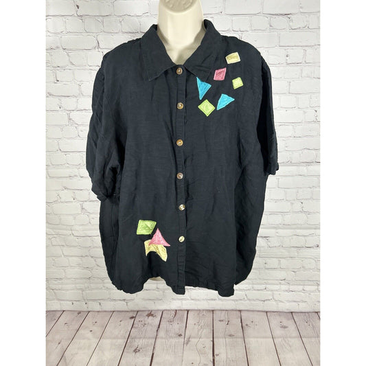 VTG Country Wear Casuals Black Linen Blend Embroidered Short Sleeve Button Up XL