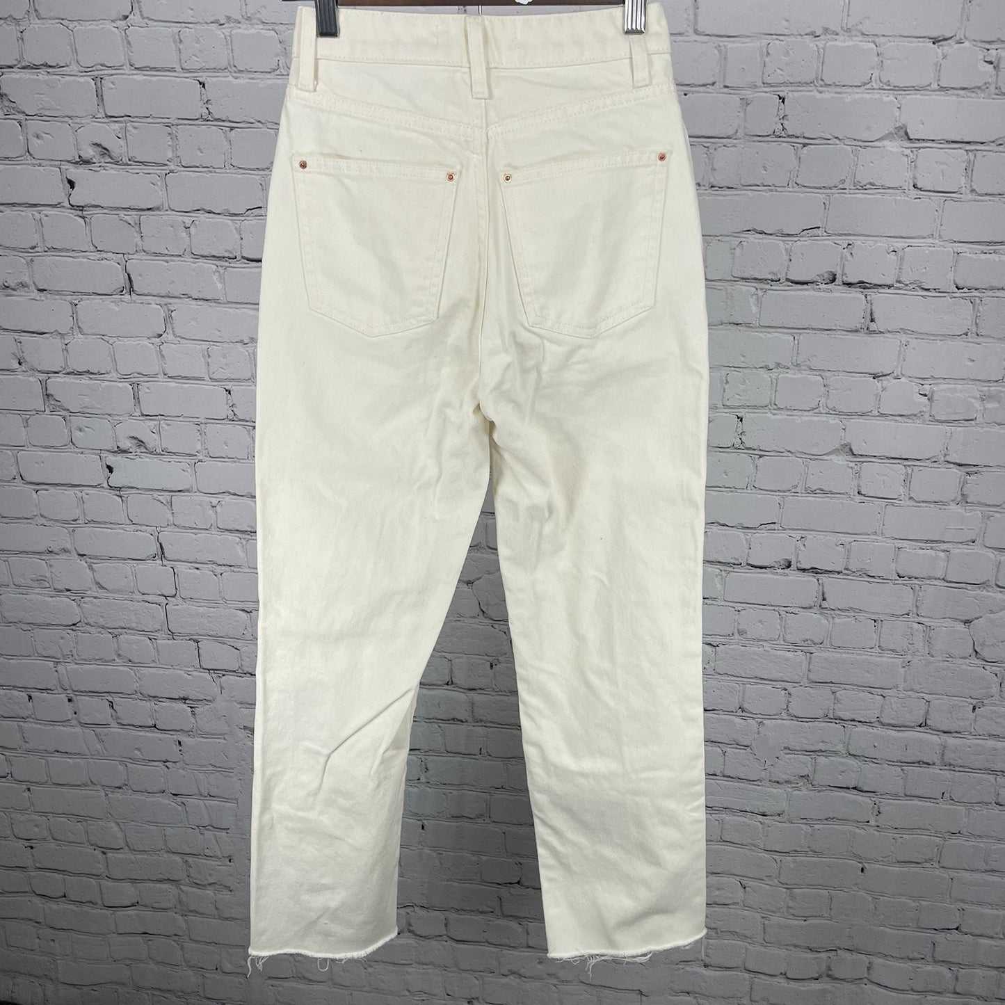 Zara Ivory Cream Denim High Rise Straight Leg Raw Hem Jeans Size 0 (23x28.5)