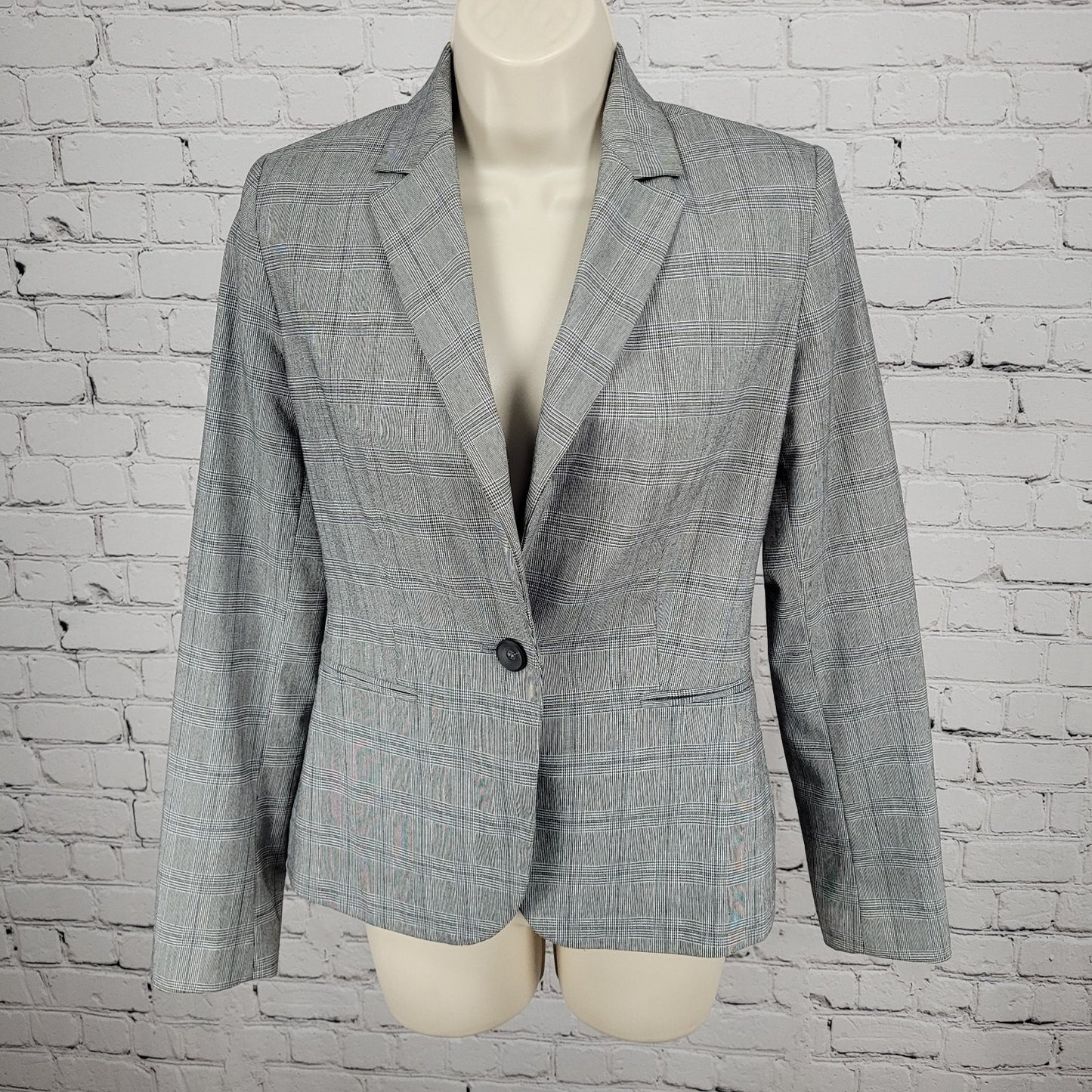 Zara Basic Black White Blue Check 1 Button Vented Notch Blazer Suit Jacket 2