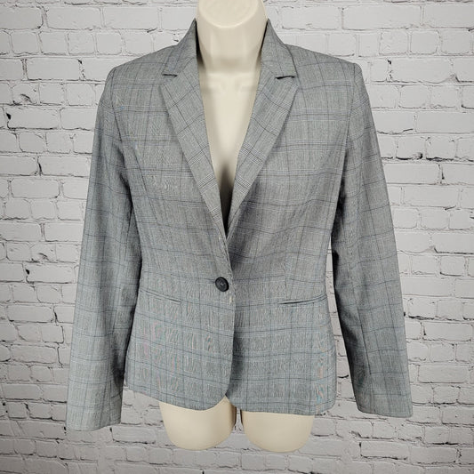 Zara Basic Black White Blue Check 1 Button Vented Notch Blazer Suit Jacket 2