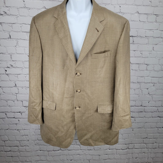 Burberry Tan Silk Wool Houndstooth 3 Button Blazer Sport Coat USA Made Size 44L