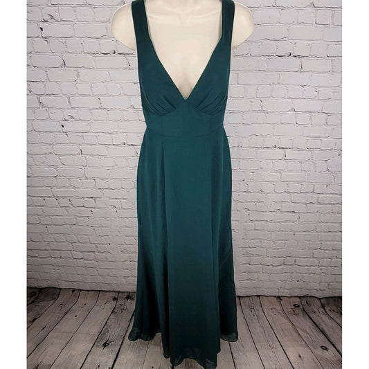 Azazie Dark Green Chiffon Tie Back Padded Bridesmaid Maxi Dress Gown Size C