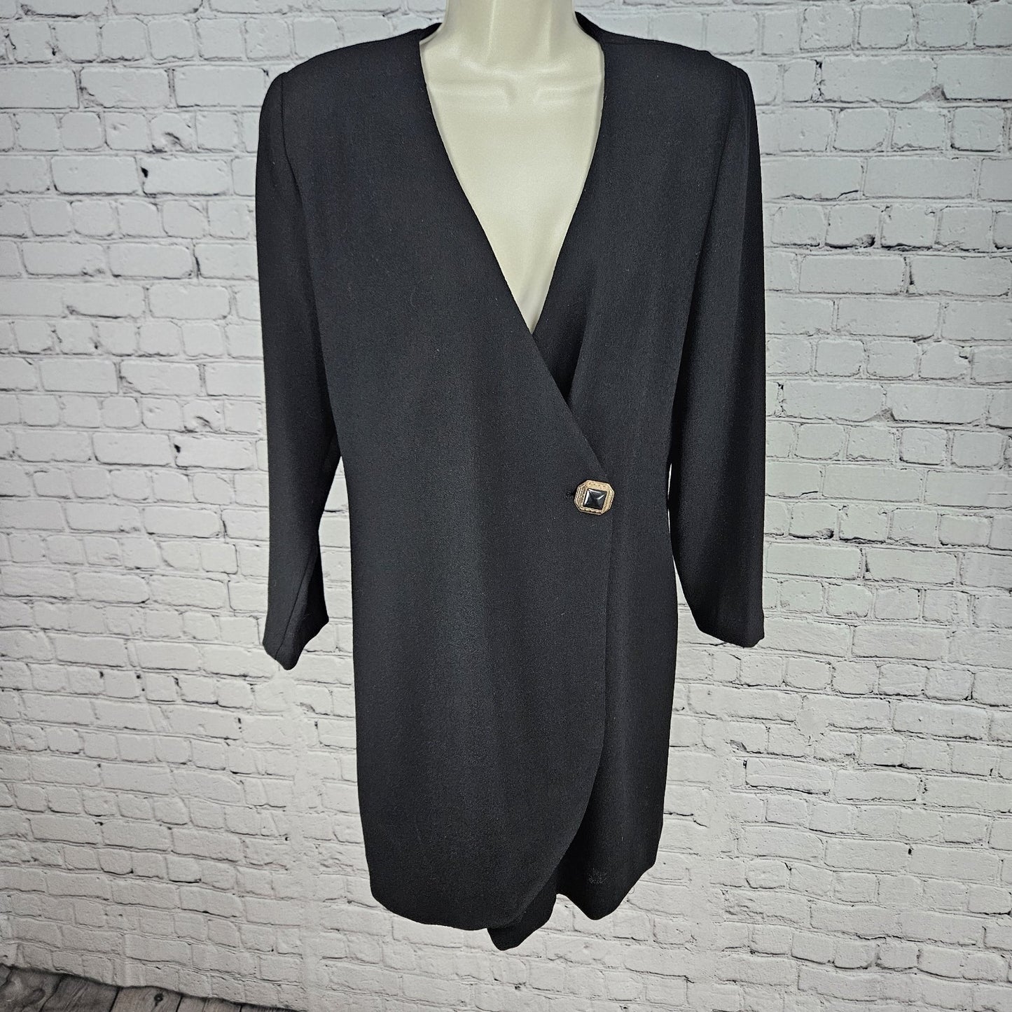 VTG Dirasta New York Black Wrap Buttoned Collarless Lined Short Dress Small