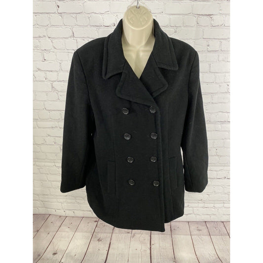 Halston Studio Solid Black Wool/Nylon/Cashmere Double Breasted Peacoat Women 14