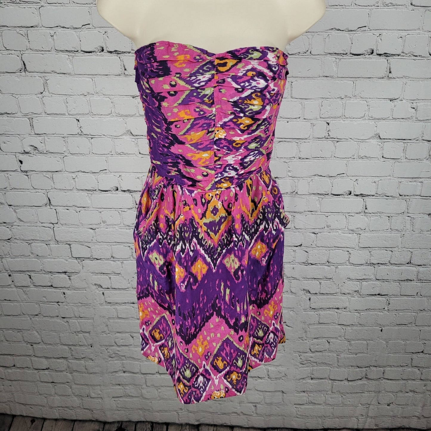 Charlie Jade Pink & Purple Colorful Silk Blend Printed Strapless Mini Dress XS