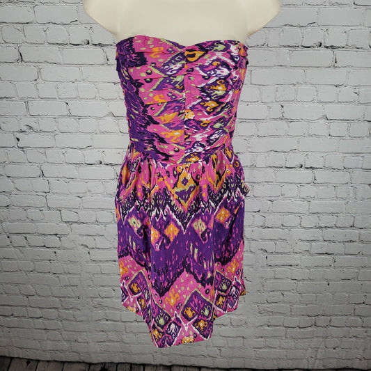 Charlie Jade Pink & Purple Colorful Silk Blend Printed Strapless Mini Dress XS