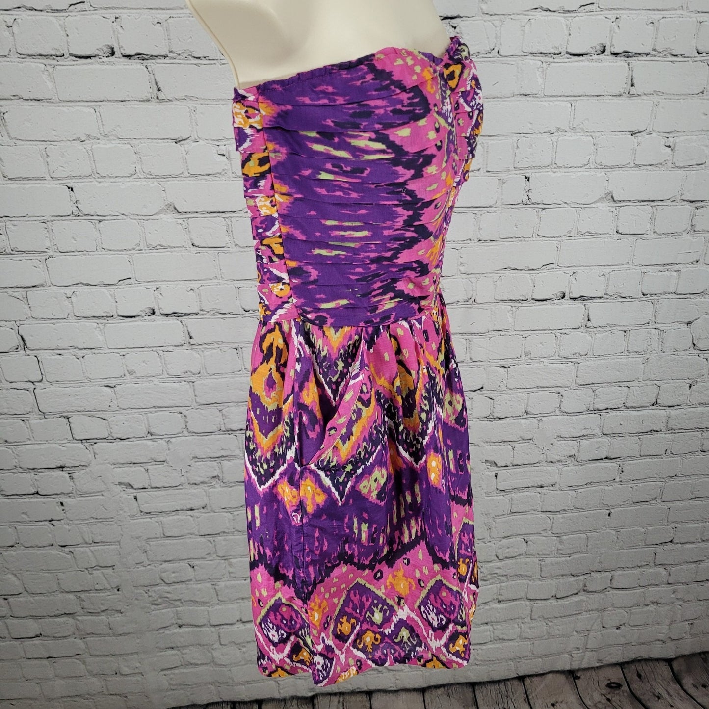 Charlie Jade Pink & Purple Colorful Silk Blend Printed Strapless Mini Dress XS