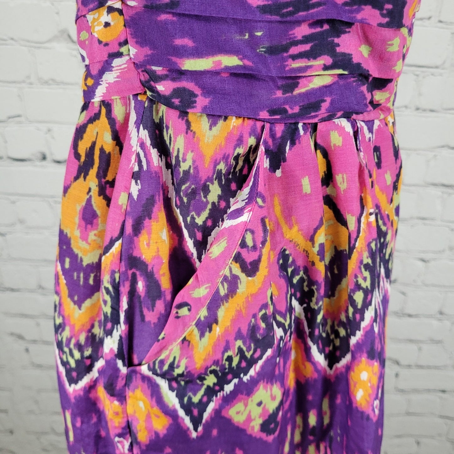 Charlie Jade Pink & Purple Colorful Silk Blend Printed Strapless Mini Dress XS