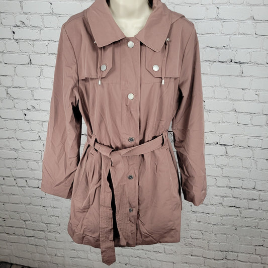 London Fog Adobe Brown Removable Hood Belted Snapped Rain Jacket Size Medium M