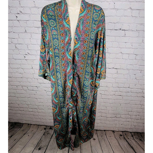 NWT LARA Ethnics Multicolor Floral Saska Oyster Blue Long Kimono Robe Size TU