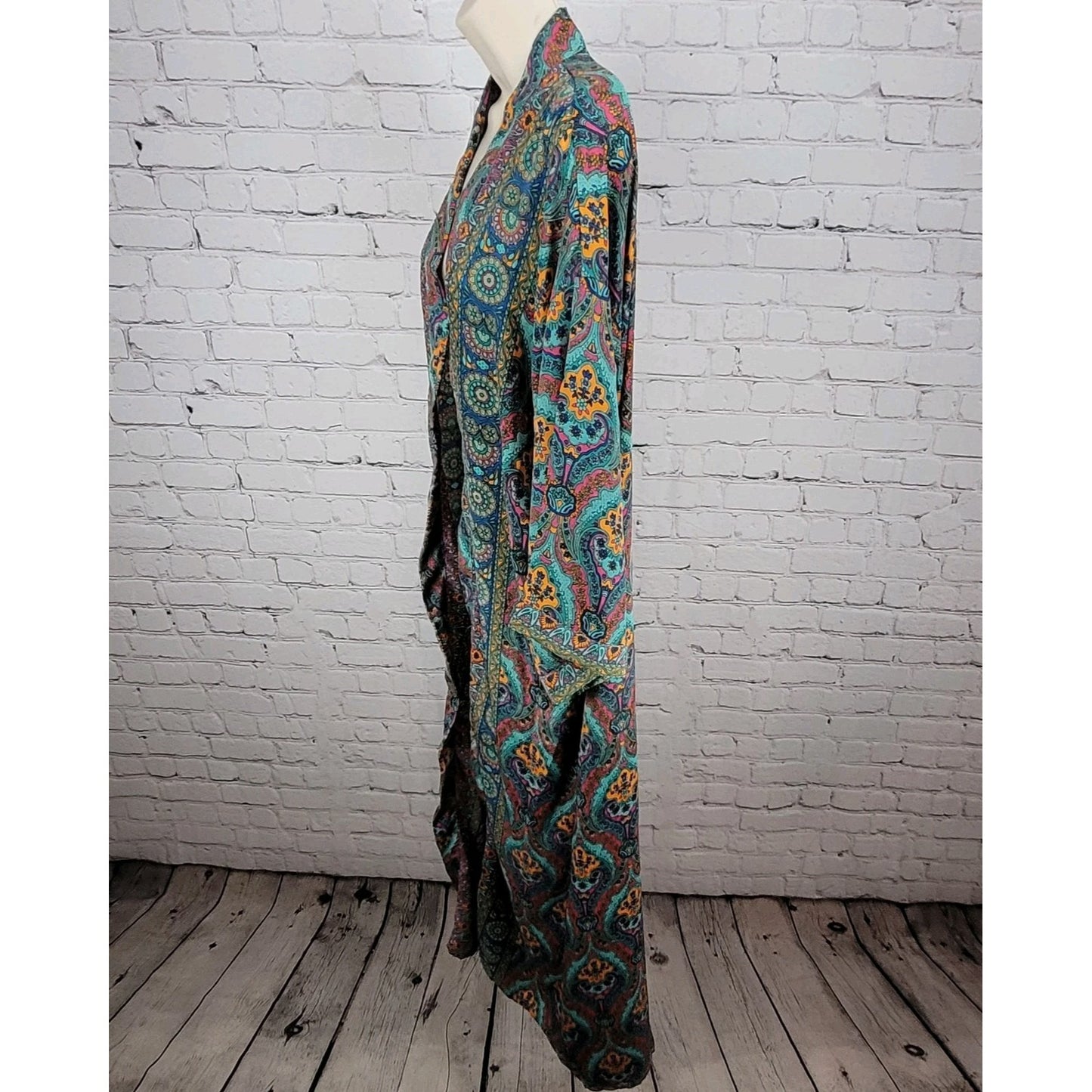 NWT LARA Ethnics Multicolor Floral Saska Oyster Blue Long Kimono Robe Size TU